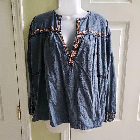 Isabel Marant Etoile Navy Blue Blicky Split-Neck Long-Sleeve Embroidered Top - Picture 1 of 13